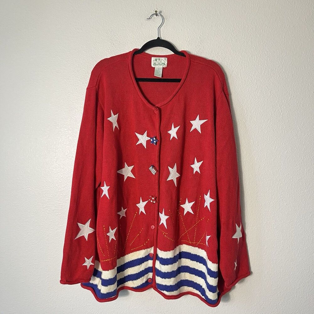 NEW Vintage Quacker Factory American Flag Sweater Patriotic Cardigan Red Plus 3X